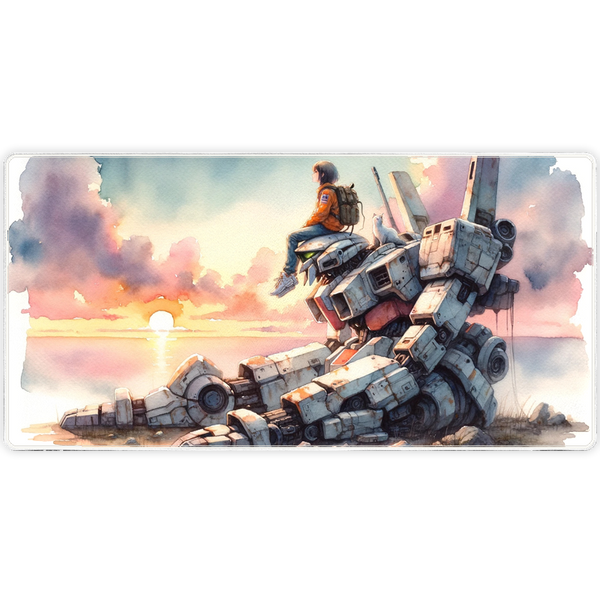 Sunset Rest watercolor TCG Playmat — mecha at rest by the sea