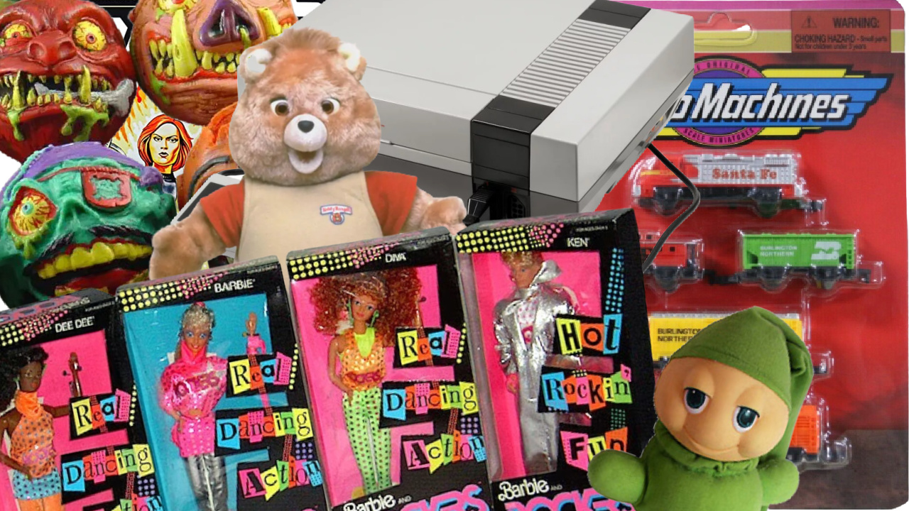 Collage of toys and games from the 80s