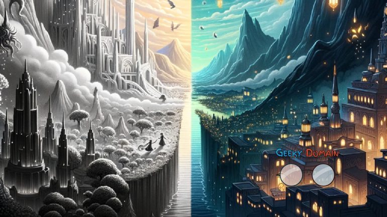 Illustration of a split scene with one side showcasing a grand, mythical landscape representing high fantasy and the other side depicting a familiar cityscape with subtle magical elements like floating lanterns or shadowy figures representing low fantasy.